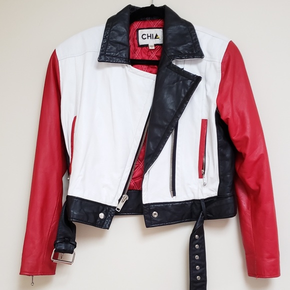 chia Jackets & Blazers - CHIA vintage leather red white black moto jacket S
